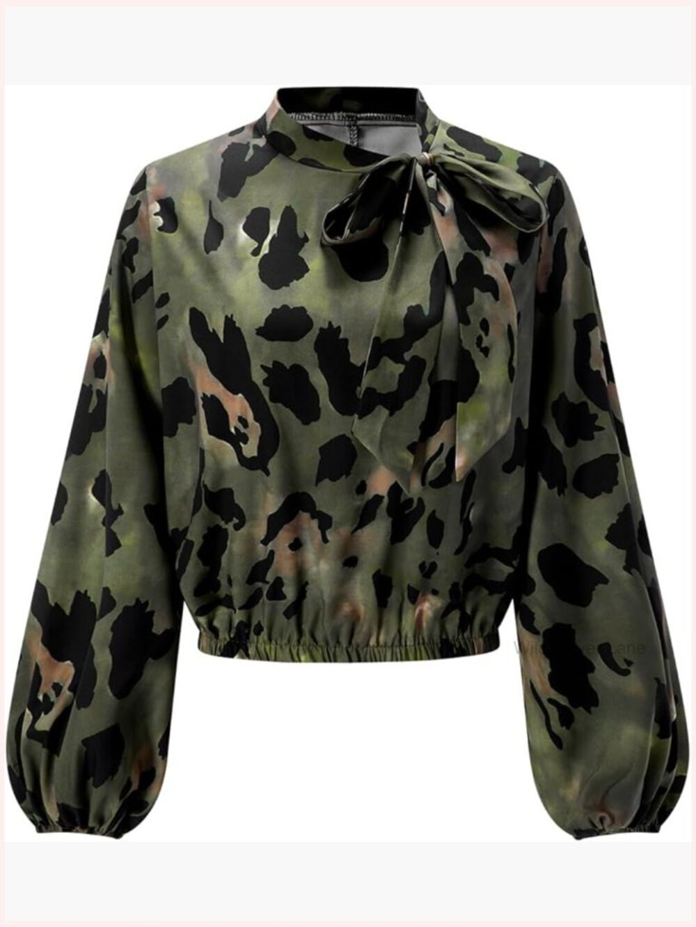 Women's Tie Neck Camo Print Blouse Lantern Long Sleeve Dressy Casual Top